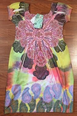 JJ Authentic Colorful Paisley Mandala Dress XS/S Boho Stretch Midi Festival NWT